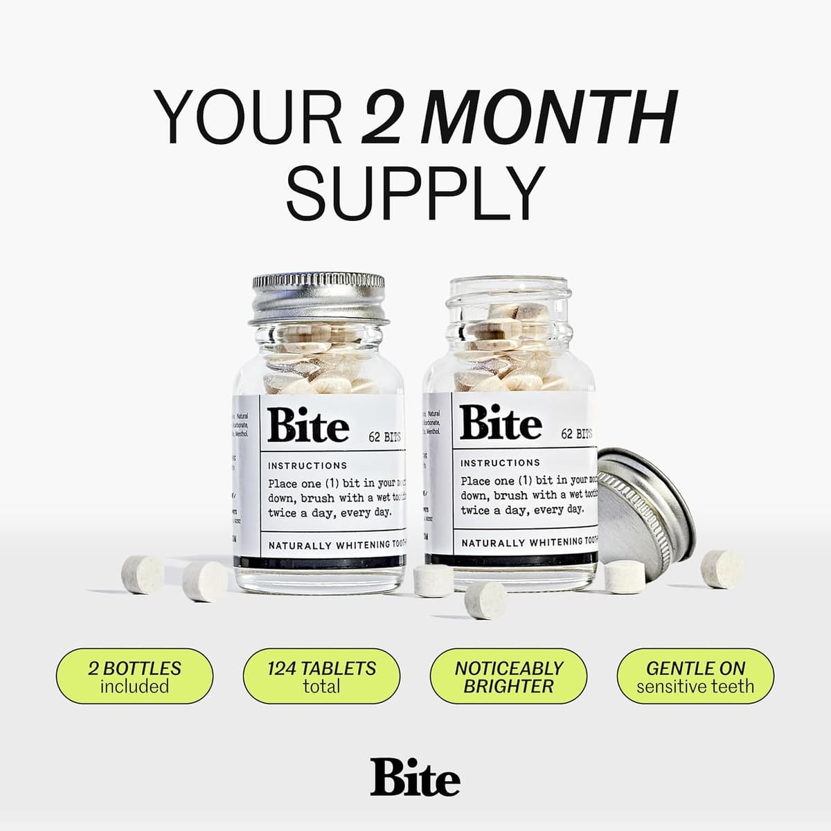 Bite Toothpaste Bits Fluoride-Free, Mint (2 bottles, 124 tablets)
